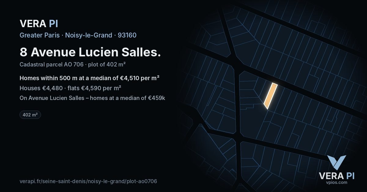 8 Avenue Lucien Salles, Noisy-le-Grand at night – the plot lit, the parcels around coloured by the prices near them