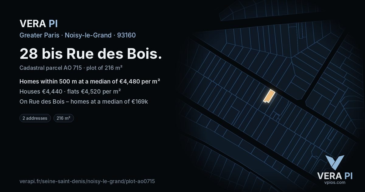 28 bis Rue des Bois, Noisy-le-Grand at night – the plot lit, the parcels around coloured by the prices near them