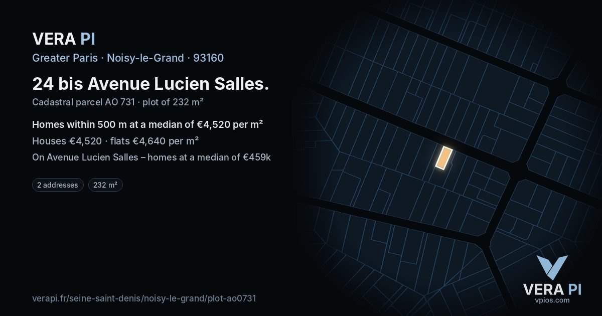 24 bis Avenue Lucien Salles, Noisy-le-Grand at night – the plot lit, the parcels around coloured by the prices near them