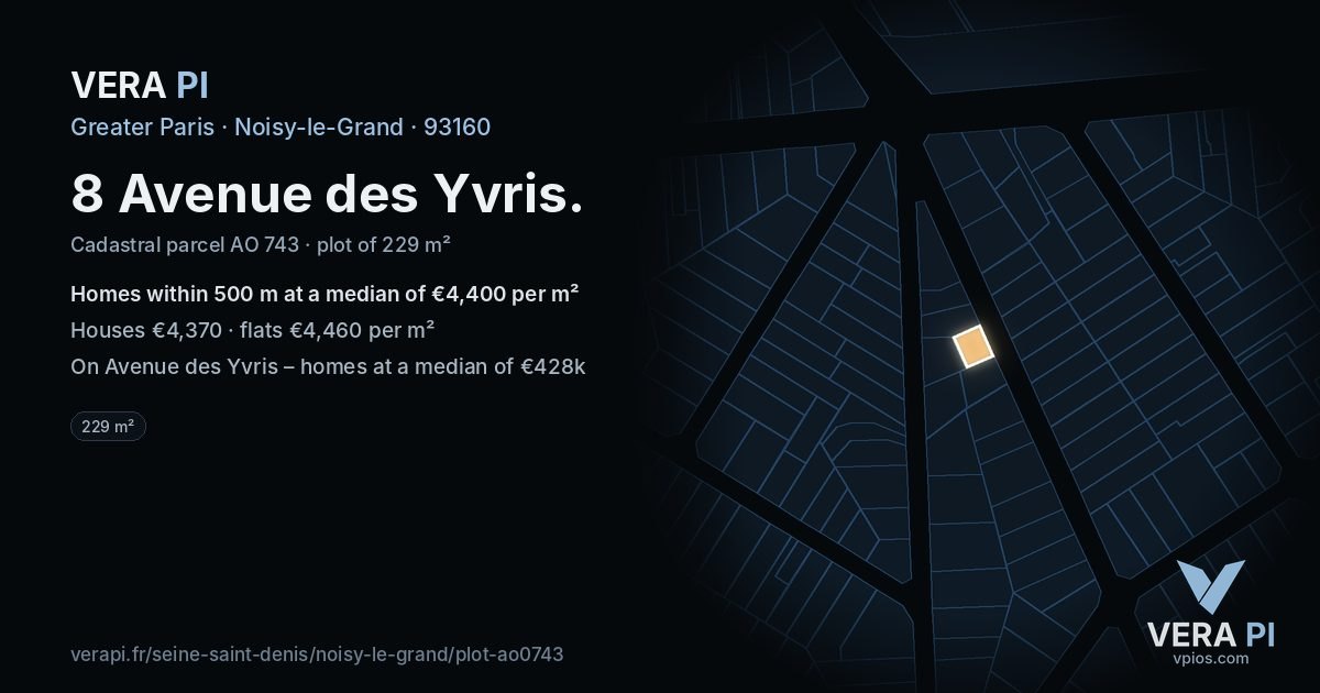 8 Avenue des Yvris, Noisy-le-Grand at night – the plot lit, the parcels around coloured by the prices near them