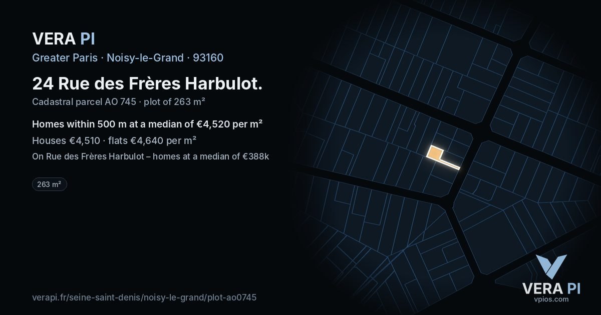 24 Rue des Frères Harbulot, Noisy-le-Grand at night – the plot lit, the parcels around coloured by the prices near them