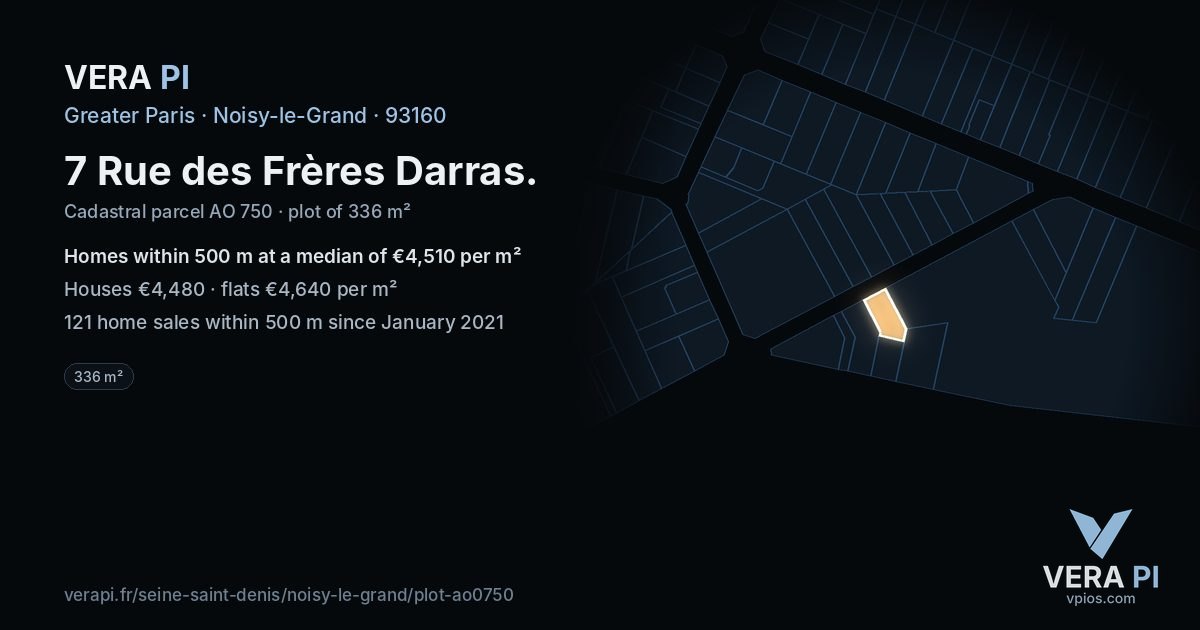 7 Rue des Frères Darras, Noisy-le-Grand at night – the plot lit, the parcels around coloured by the prices near them
