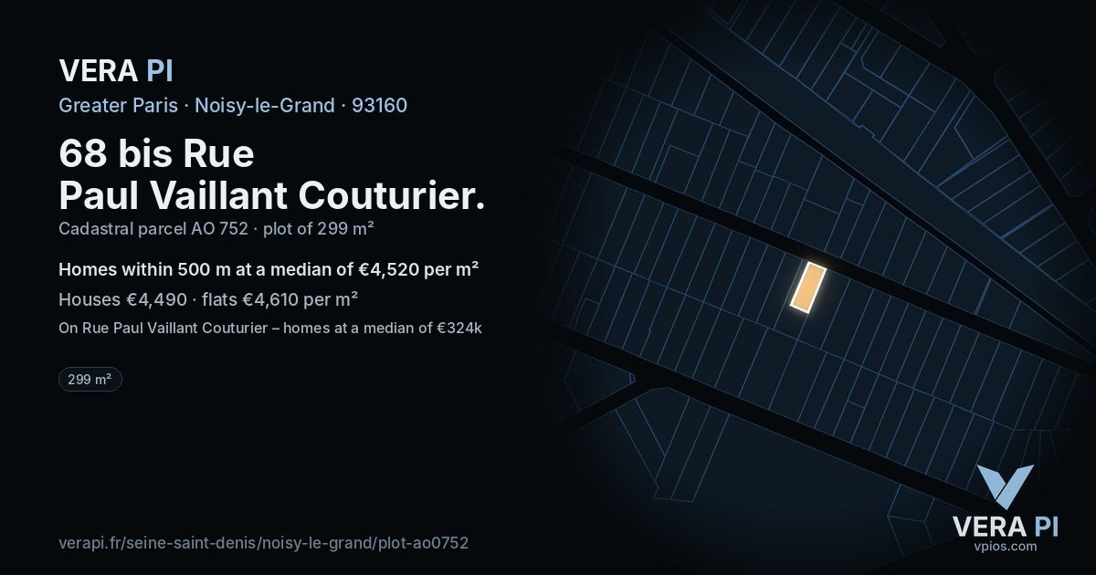 68 bis Rue Paul Vaillant Couturier, Noisy-le-Grand at night – the plot lit, the parcels around coloured by the prices near them