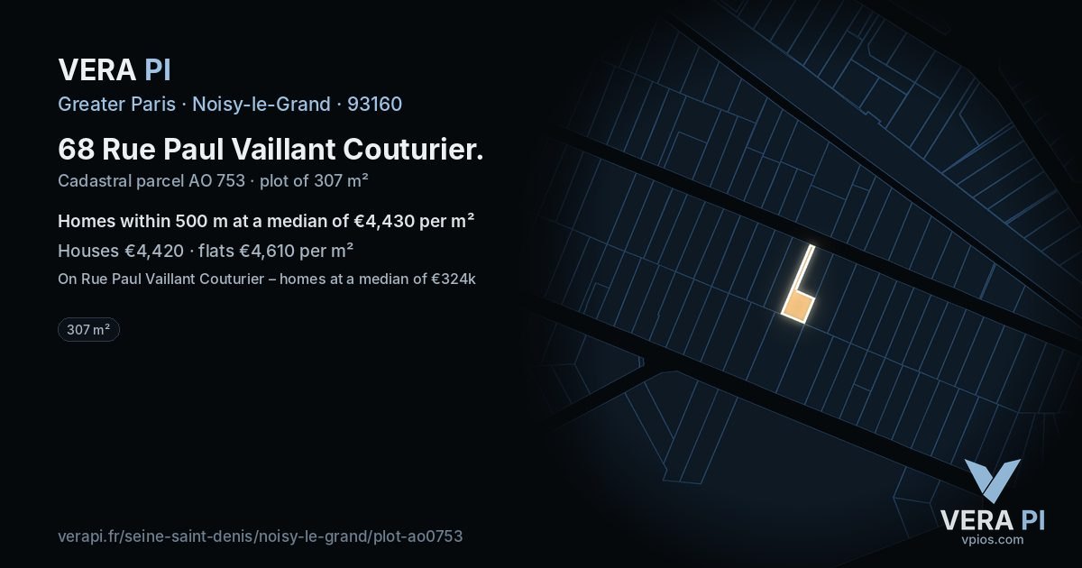 68 Rue Paul Vaillant Couturier, Noisy-le-Grand at night – the plot lit, the parcels around coloured by the prices near them