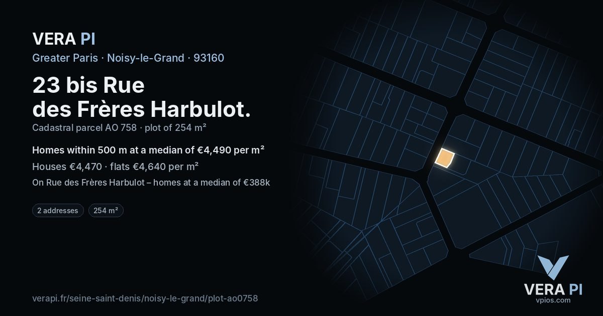 23 bis Rue des Frères Harbulot, Noisy-le-Grand at night – the plot lit, the parcels around coloured by the prices near them