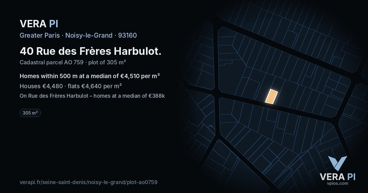 40 Rue des Frères Harbulot, Noisy-le-Grand at night – the plot lit, the parcels around coloured by the prices near them