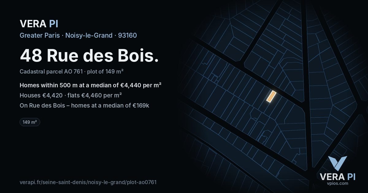 48 Rue des Bois, Noisy-le-Grand at night – the plot lit, the parcels around coloured by the prices near them