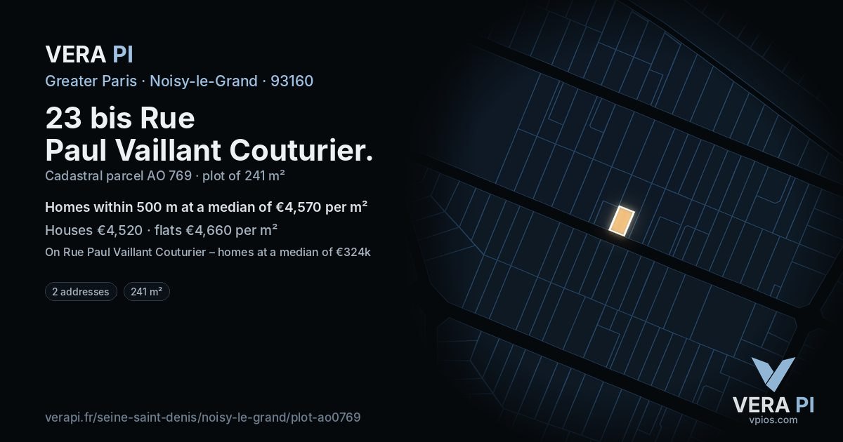 23 bis Rue Paul Vaillant Couturier, Noisy-le-Grand at night – the plot lit, the parcels around coloured by the prices near them