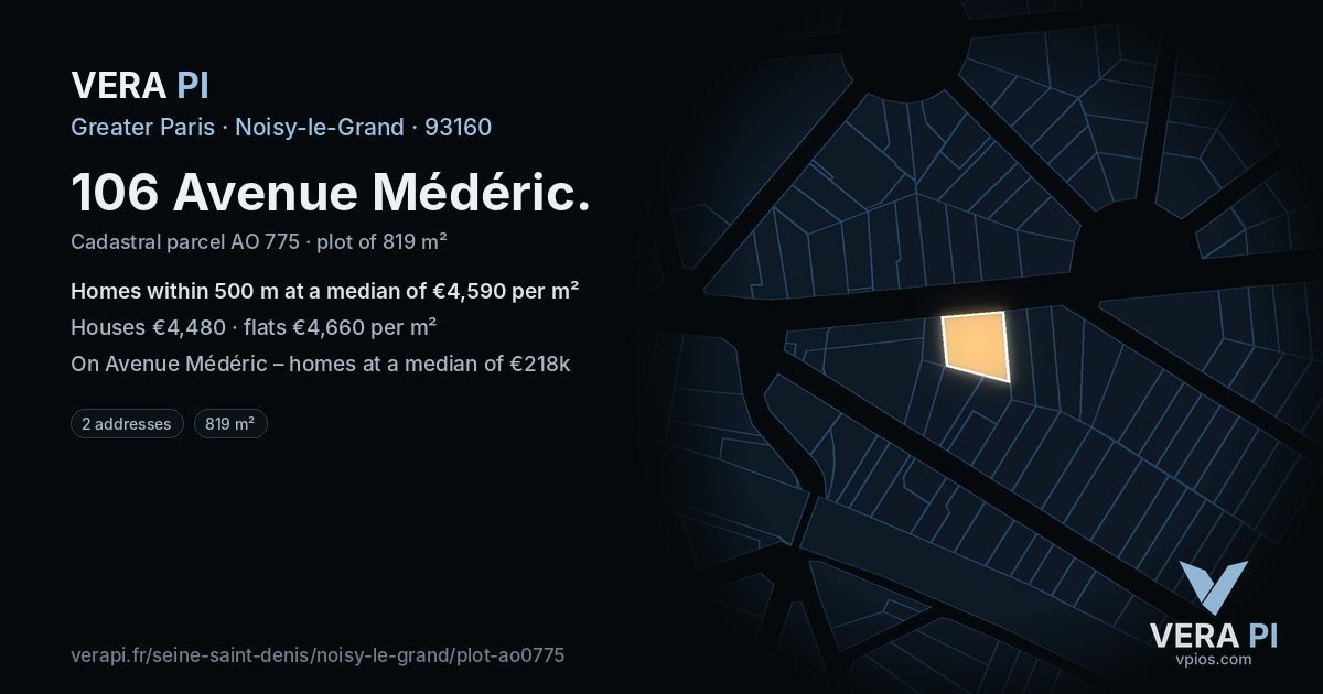 106 Avenue Médéric, Noisy-le-Grand at night – the plot lit, the parcels around coloured by the prices near them