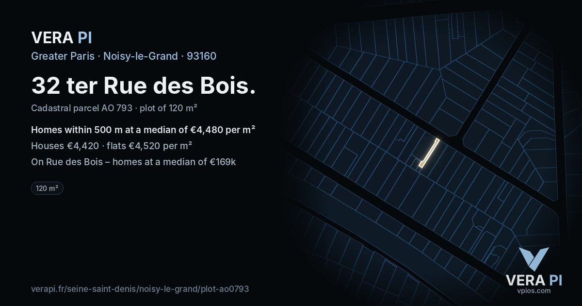 32 ter Rue des Bois, Noisy-le-Grand at night – the plot lit, the parcels around coloured by the prices near them