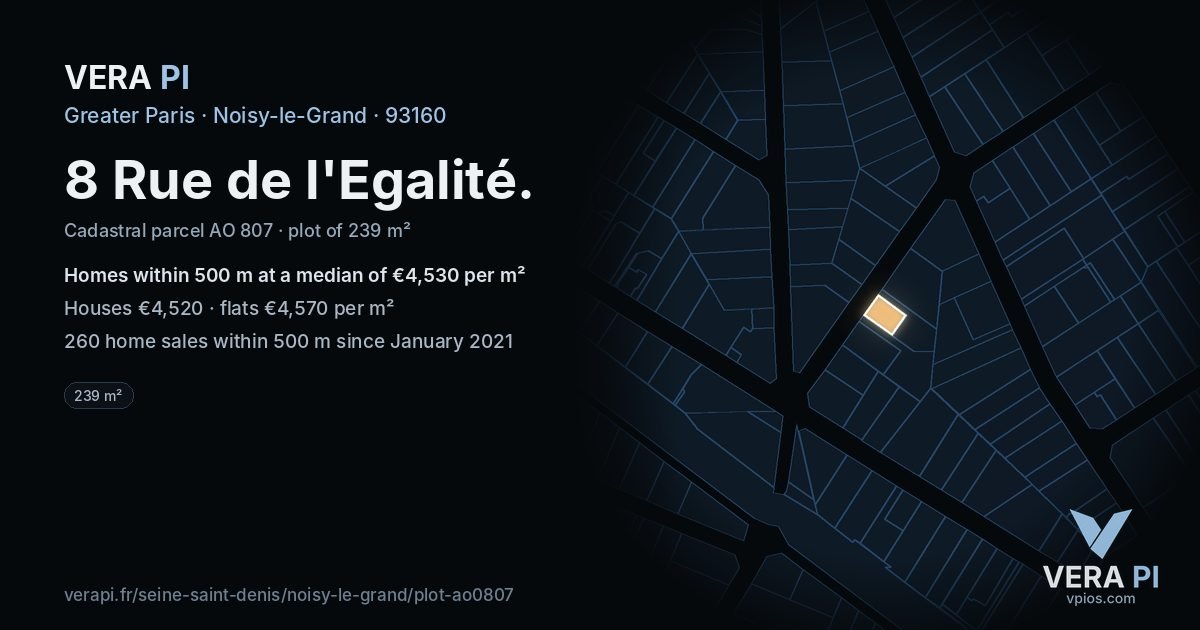 8 Rue de l'Egalité, Noisy-le-Grand at night – the plot lit, the parcels around coloured by the prices near them