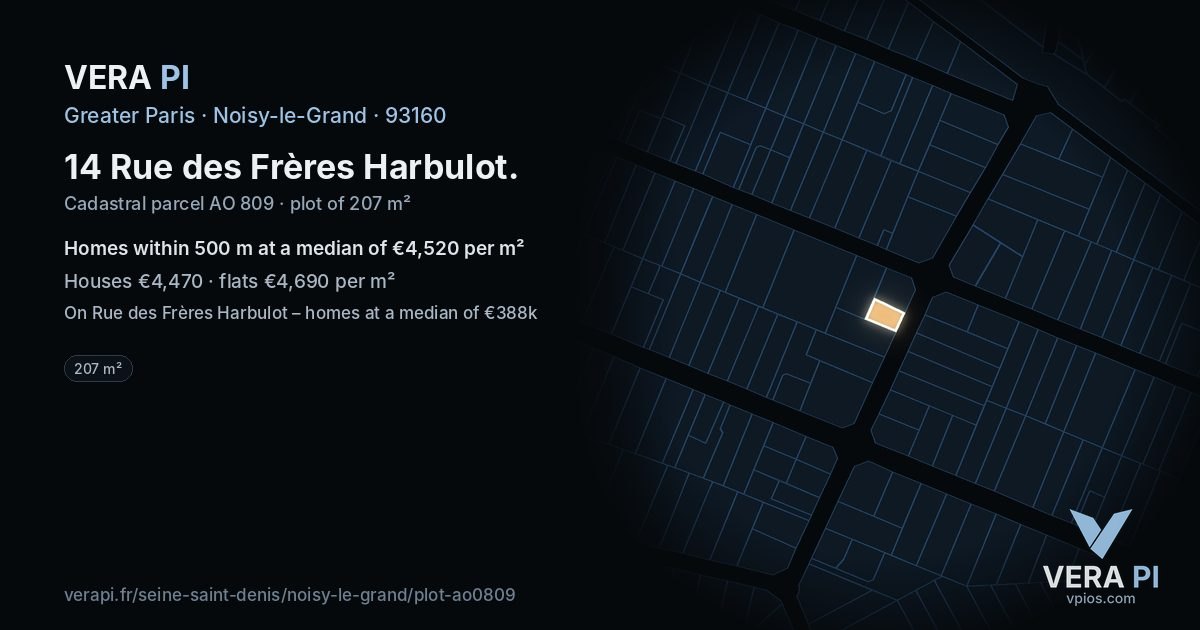 14 Rue des Frères Harbulot, Noisy-le-Grand at night – the plot lit, the parcels around coloured by the prices near them