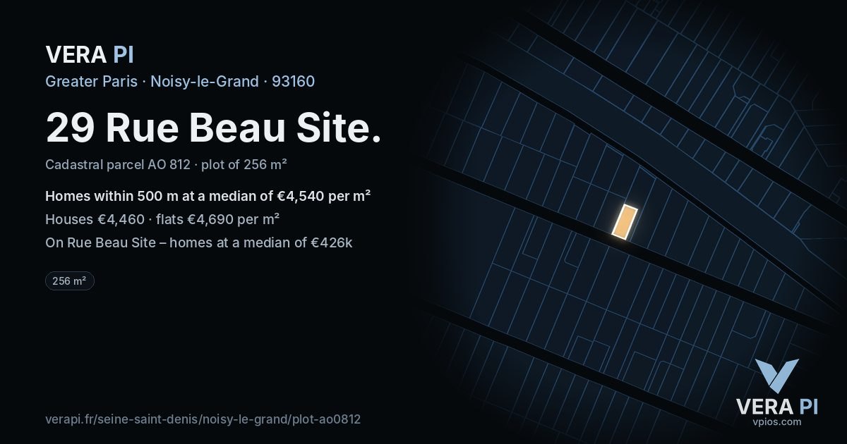 29 Rue Beau Site, Noisy-le-Grand at night – the plot lit, the parcels around coloured by the prices near them