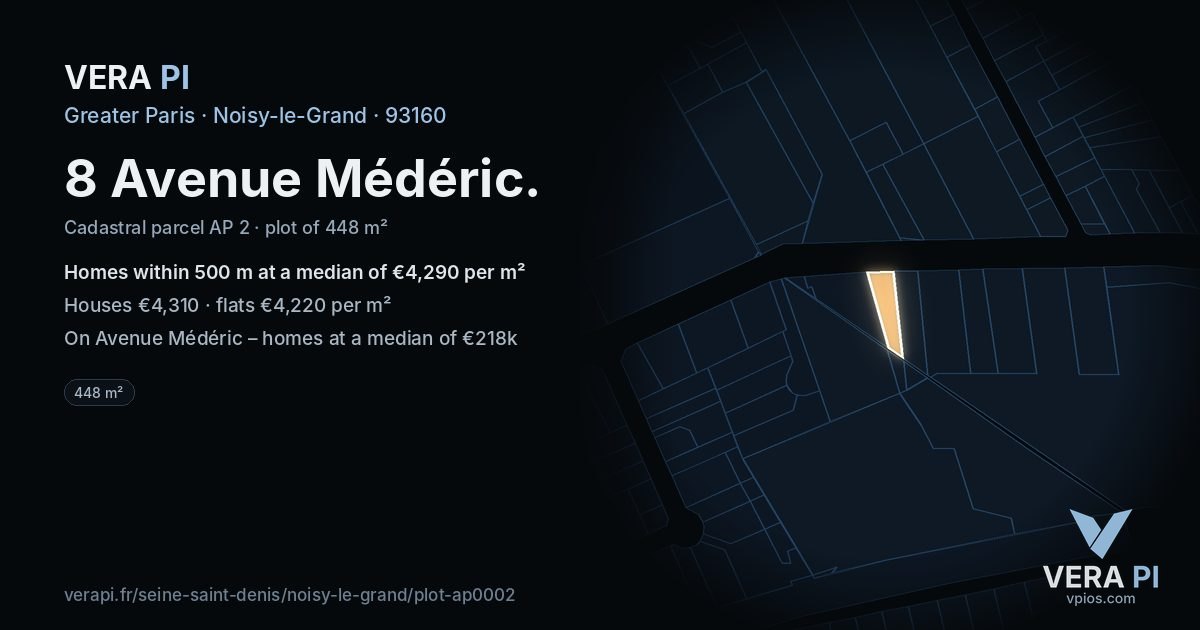 8 Avenue Médéric, Noisy-le-Grand at night – the plot lit, the parcels around coloured by the prices near them