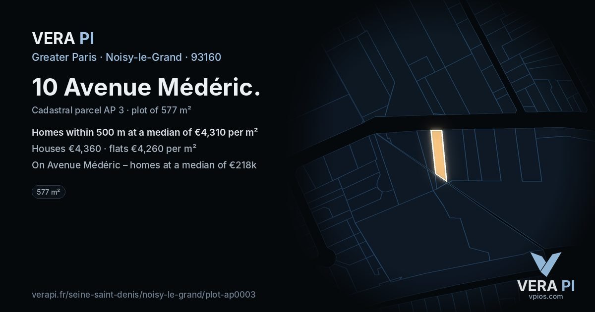 10 Avenue Médéric, Noisy-le-Grand at night – the plot lit, the parcels around coloured by the prices near them