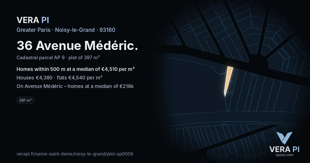 36 Avenue Médéric, Noisy-le-Grand at night – the plot lit, the parcels around coloured by the prices near them