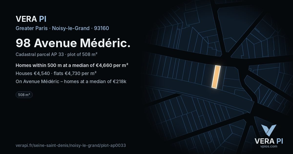 98 Avenue Médéric, Noisy-le-Grand at night – the plot lit, the parcels around coloured by the prices near them