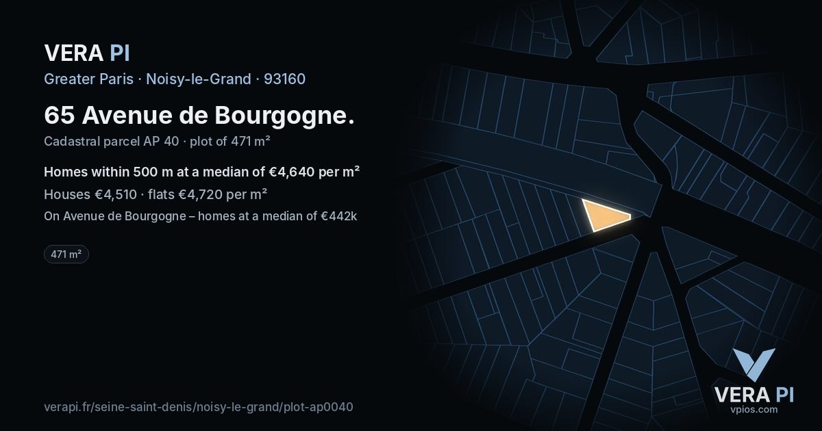65 Avenue de Bourgogne, Noisy-le-Grand at night – the plot lit, the parcels around coloured by the prices near them