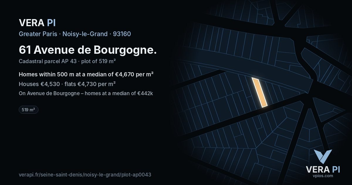 61 Avenue de Bourgogne, Noisy-le-Grand at night – the plot lit, the parcels around coloured by the prices near them