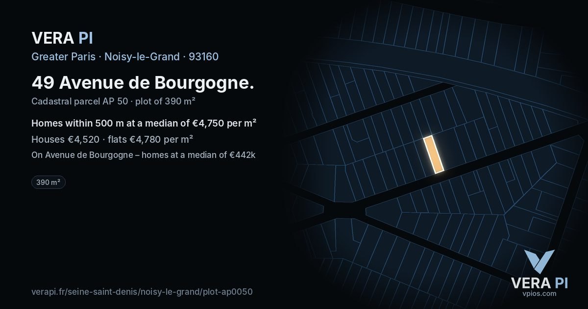 49 Avenue de Bourgogne, Noisy-le-Grand at night – the plot lit, the parcels around coloured by the prices near them