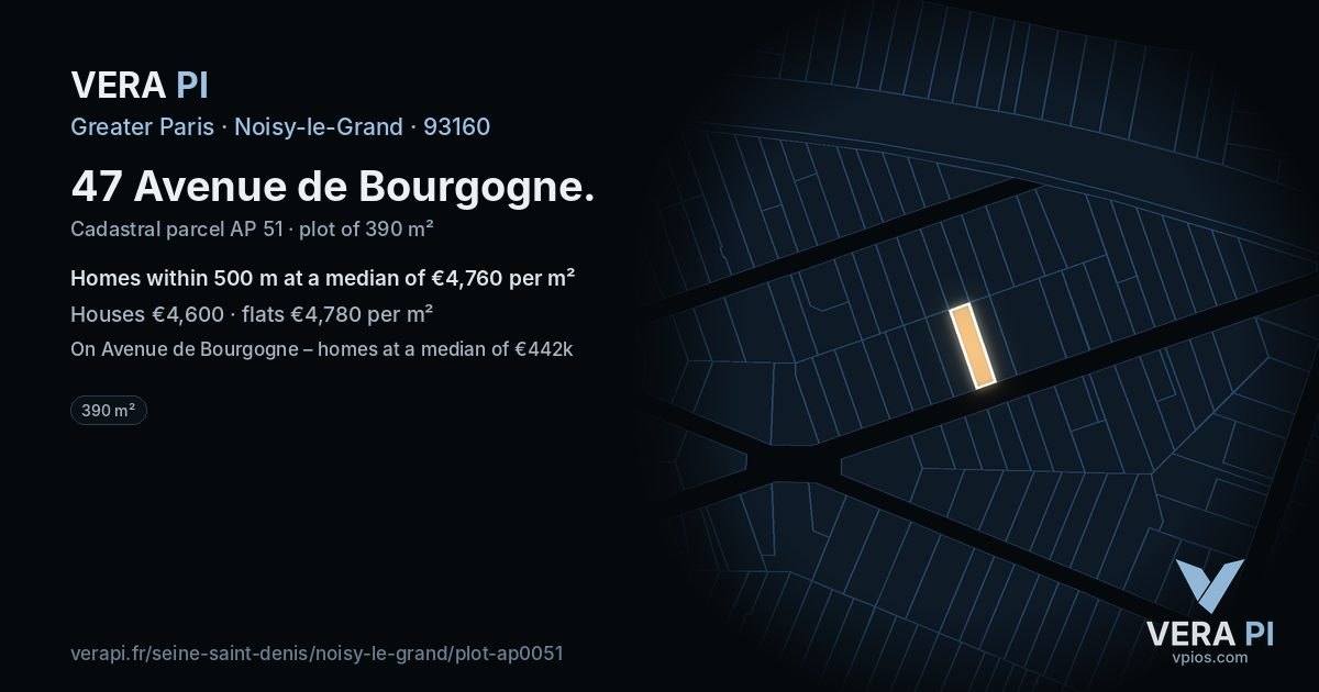 47 Avenue de Bourgogne, Noisy-le-Grand at night – the plot lit, the parcels around coloured by the prices near them
