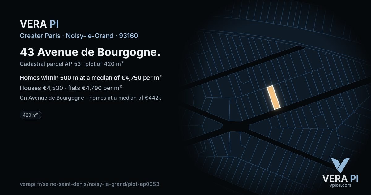 43 Avenue de Bourgogne, Noisy-le-Grand at night – the plot lit, the parcels around coloured by the prices near them