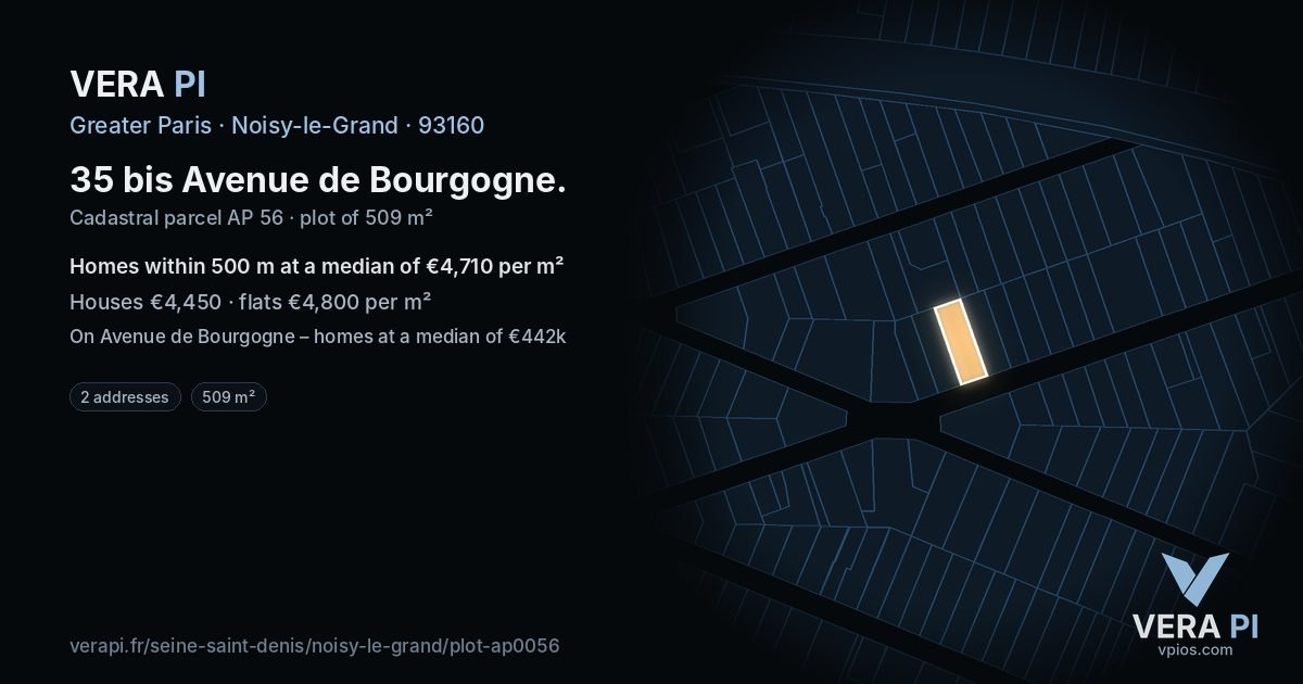 35 bis Avenue de Bourgogne, Noisy-le-Grand at night – the plot lit, the parcels around coloured by the prices near them