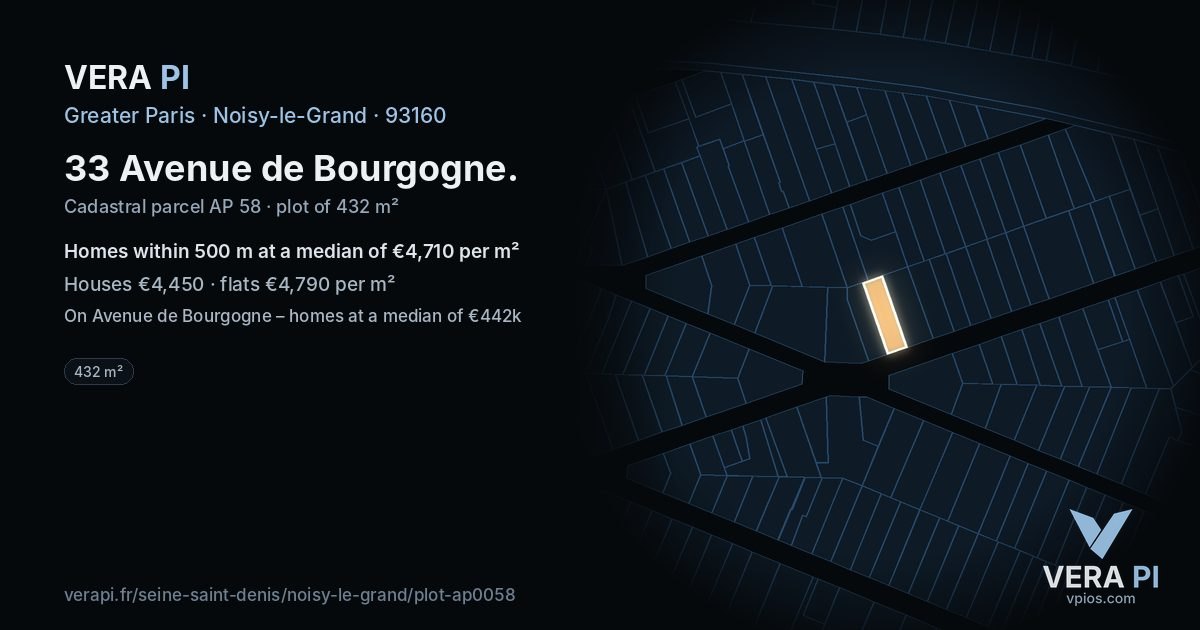 33 Avenue de Bourgogne, Noisy-le-Grand at night – the plot lit, the parcels around coloured by the prices near them
