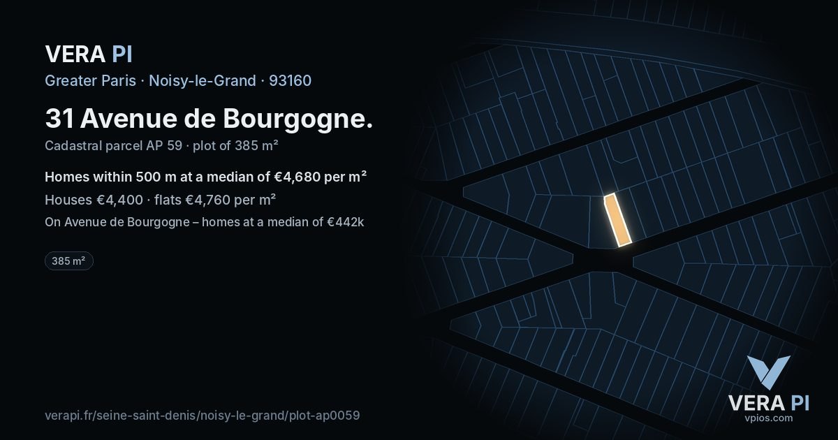 31 Avenue de Bourgogne, Noisy-le-Grand at night – the plot lit, the parcels around coloured by the prices near them