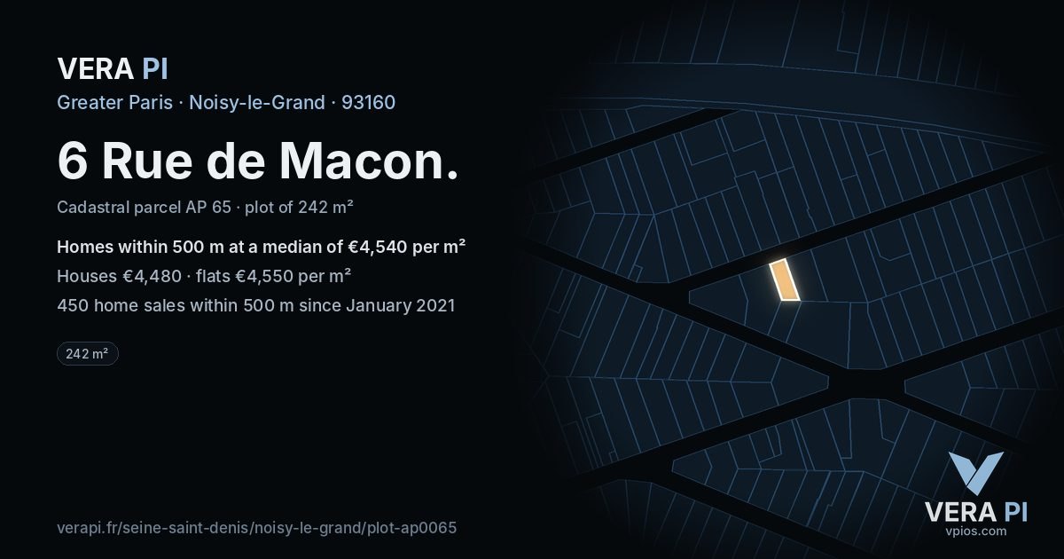 6 Rue de Macon, Noisy-le-Grand at night – the plot lit, the parcels around coloured by the prices near them