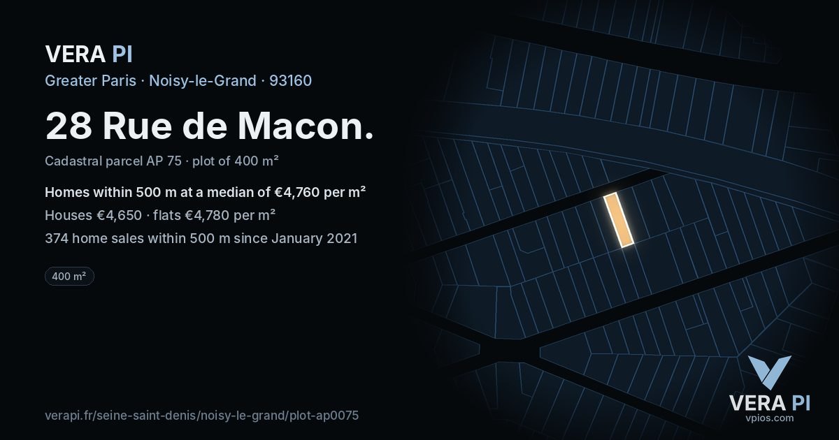 28 Rue de Macon, Noisy-le-Grand at night – the plot lit, the parcels around coloured by the prices near them