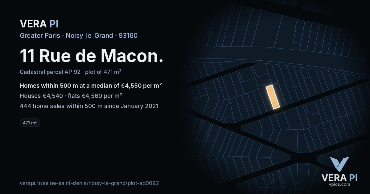 11 Rue de Macon, Noisy-le-Grand at night – the plot lit, the parcels around coloured by the prices near them