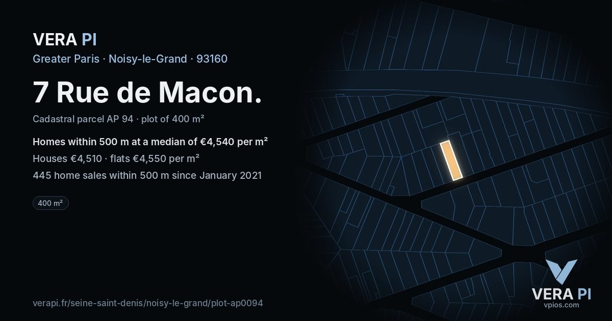 7 Rue de Macon, Noisy-le-Grand at night – the plot lit, the parcels around coloured by the prices near them
