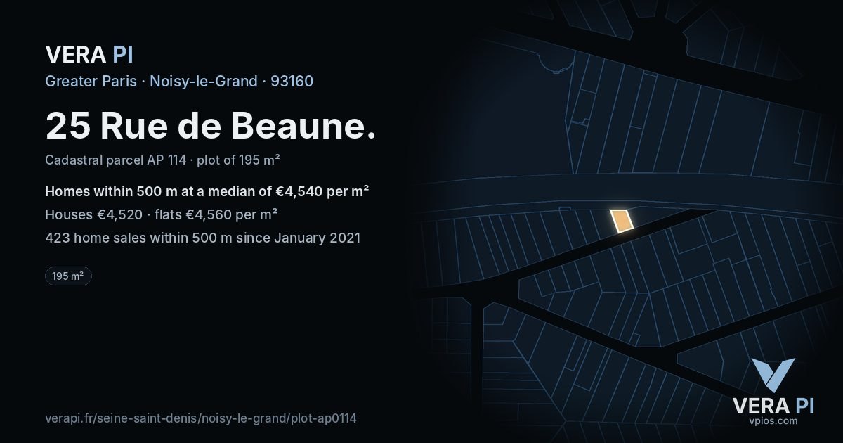 25 Rue de Beaune, Noisy-le-Grand at night – the plot lit, the parcels around coloured by the prices near them