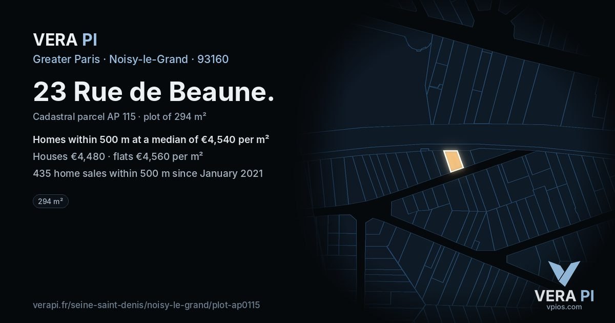 23 Rue de Beaune, Noisy-le-Grand at night – the plot lit, the parcels around coloured by the prices near them