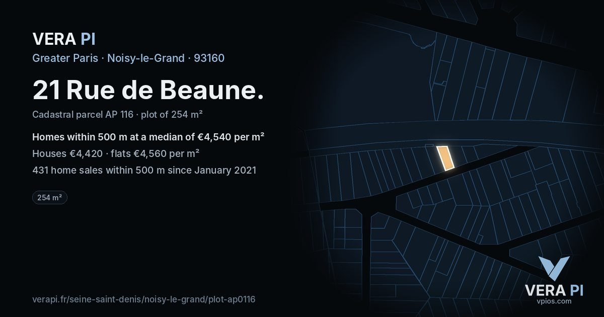 21 Rue de Beaune, Noisy-le-Grand at night – the plot lit, the parcels around coloured by the prices near them
