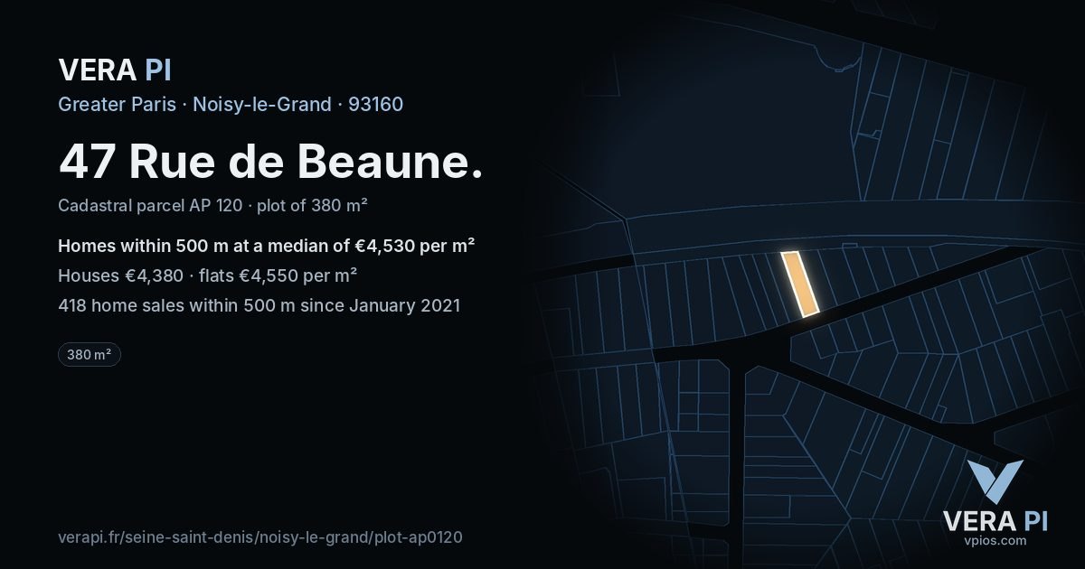 47 Rue de Beaune, Noisy-le-Grand at night – the plot lit, the parcels around coloured by the prices near them