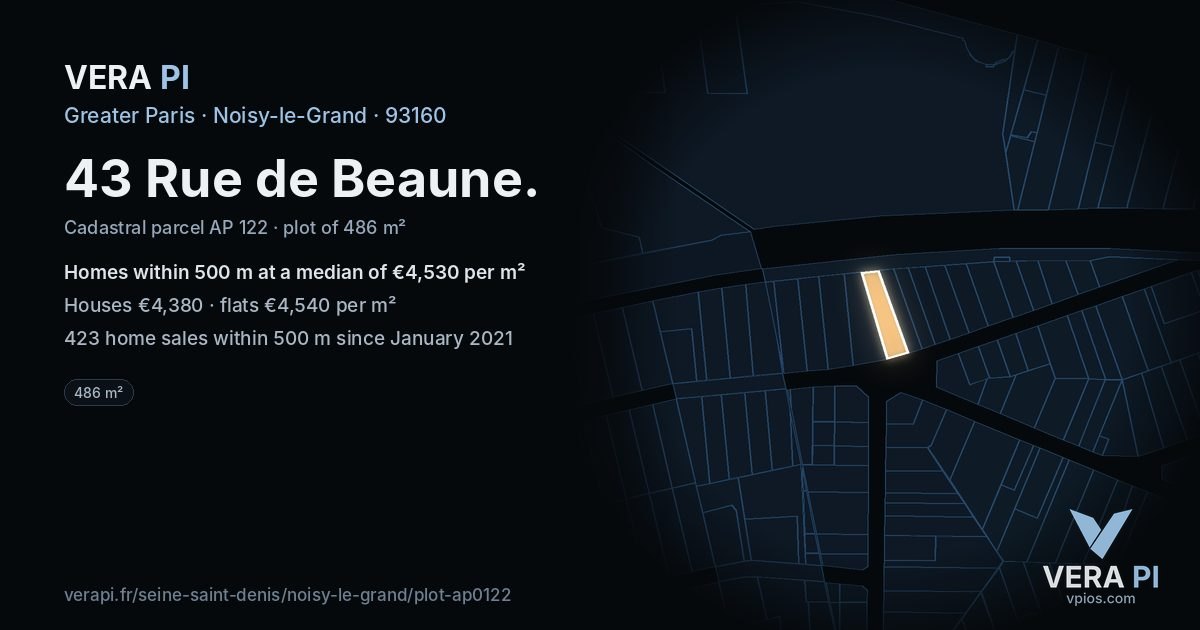 43 Rue de Beaune, Noisy-le-Grand at night – the plot lit, the parcels around coloured by the prices near them