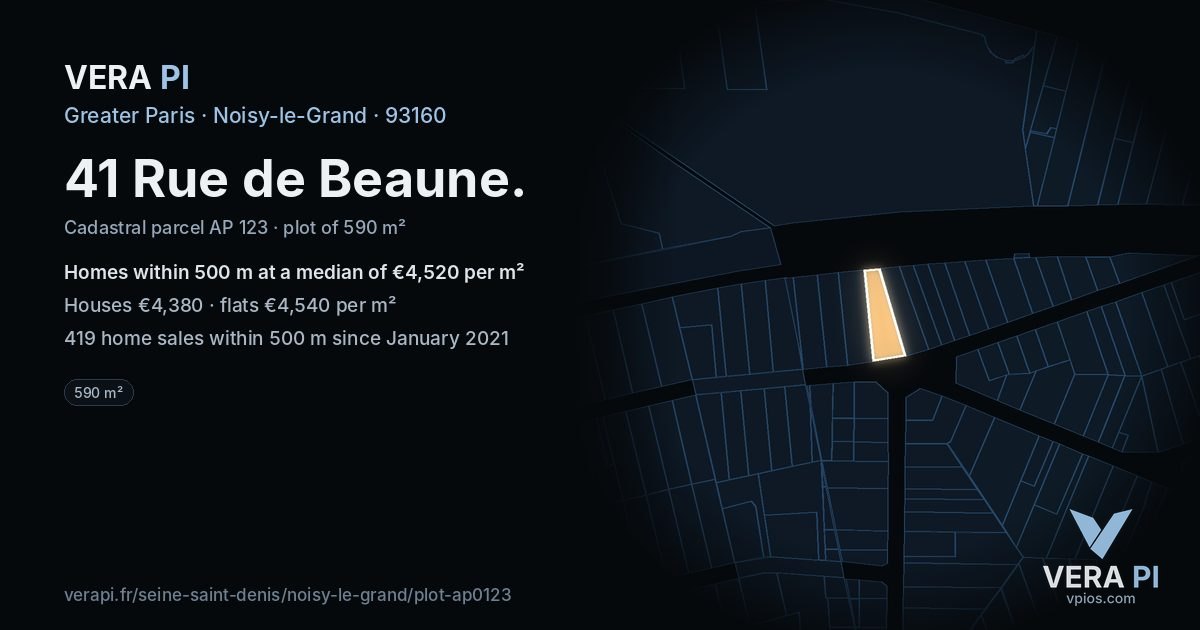 41 Rue de Beaune, Noisy-le-Grand at night – the plot lit, the parcels around coloured by the prices near them