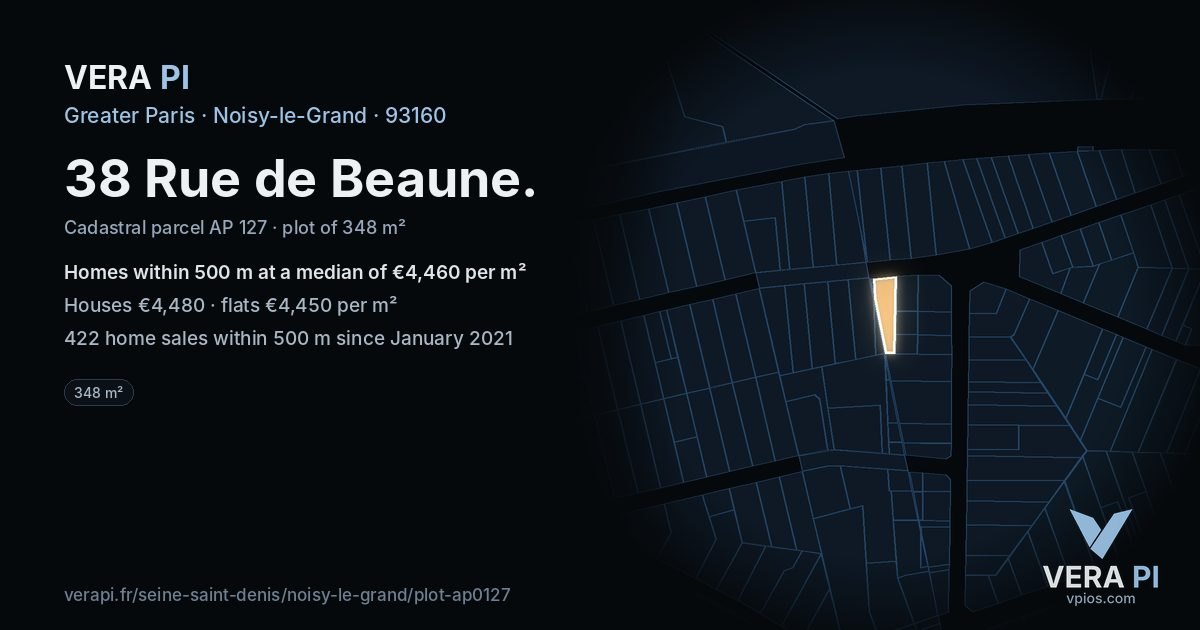 38 Rue de Beaune, Noisy-le-Grand at night – the plot lit, the parcels around coloured by the prices near them