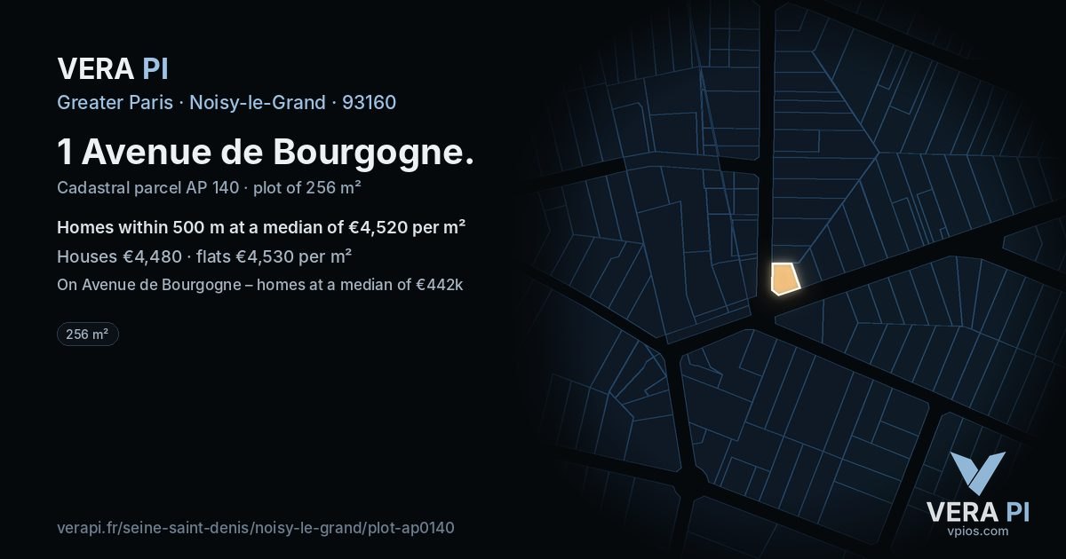 1 Avenue de Bourgogne, Noisy-le-Grand at night – the plot lit, the parcels around coloured by the prices near them