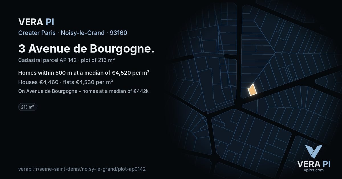 3 Avenue de Bourgogne, Noisy-le-Grand at night – the plot lit, the parcels around coloured by the prices near them