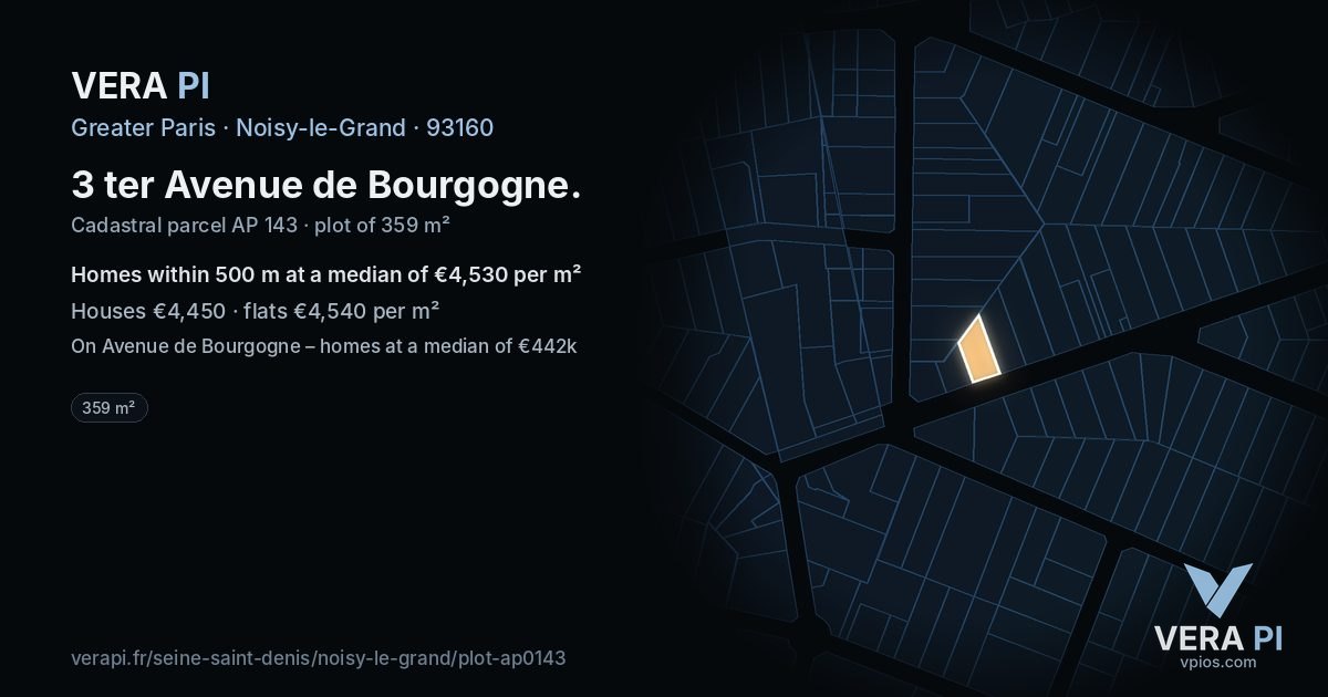 3 ter Avenue de Bourgogne, Noisy-le-Grand at night – the plot lit, the parcels around coloured by the prices near them
