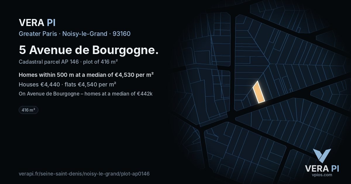 5 Avenue de Bourgogne, Noisy-le-Grand at night – the plot lit, the parcels around coloured by the prices near them