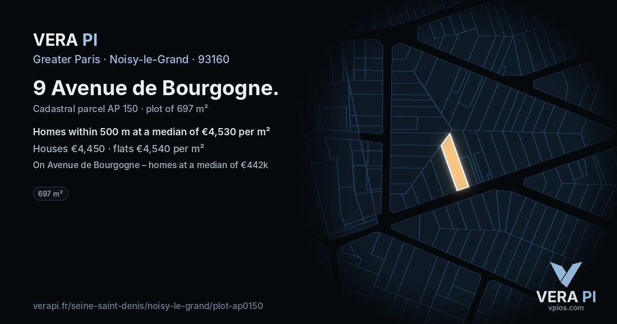 9 Avenue de Bourgogne, Noisy-le-Grand at night – the plot lit, the parcels around coloured by the prices near them