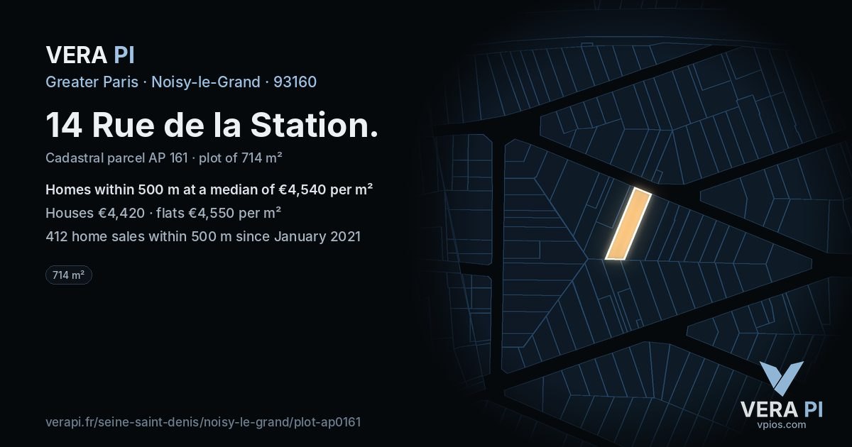 14 Rue de la Station, Noisy-le-Grand at night – the plot lit, the parcels around coloured by the prices near them