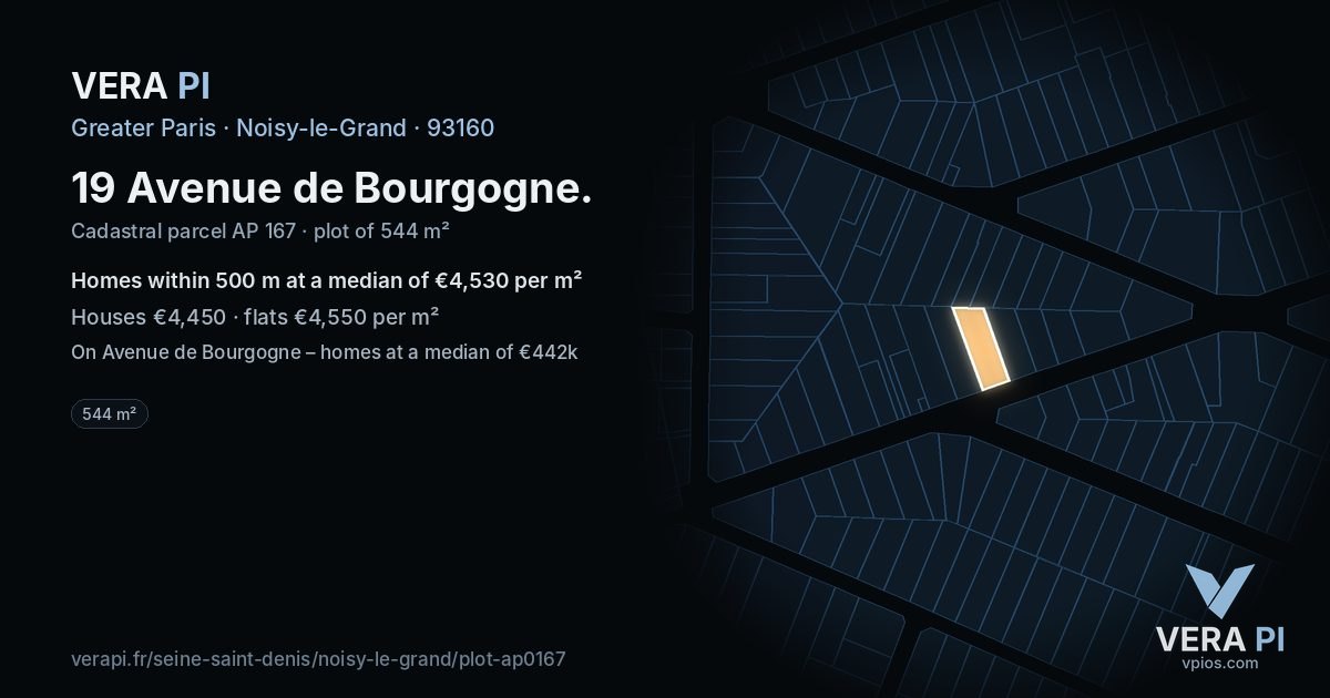 19 Avenue de Bourgogne, Noisy-le-Grand at night – the plot lit, the parcels around coloured by the prices near them
