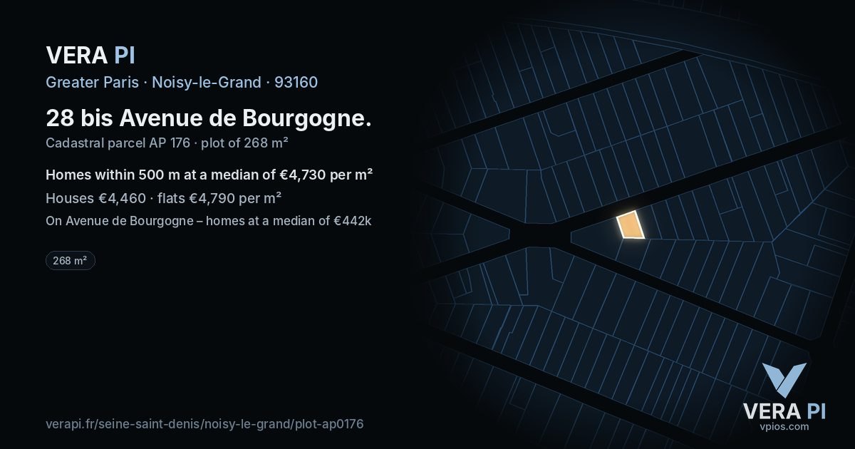 28 bis Avenue de Bourgogne, Noisy-le-Grand at night – the plot lit, the parcels around coloured by the prices near them