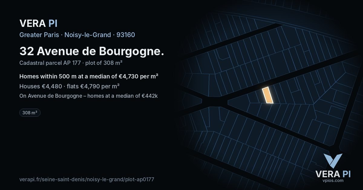 32 Avenue de Bourgogne, Noisy-le-Grand at night – the plot lit, the parcels around coloured by the prices near them