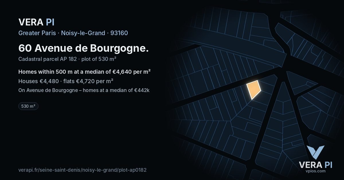 60 Avenue de Bourgogne, Noisy-le-Grand at night – the plot lit, the parcels around coloured by the prices near them